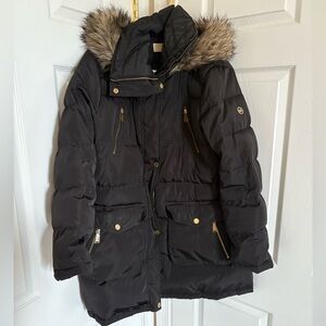 Michael Kors Black Puffer Coat with Hood Removable Faux Fur Trim